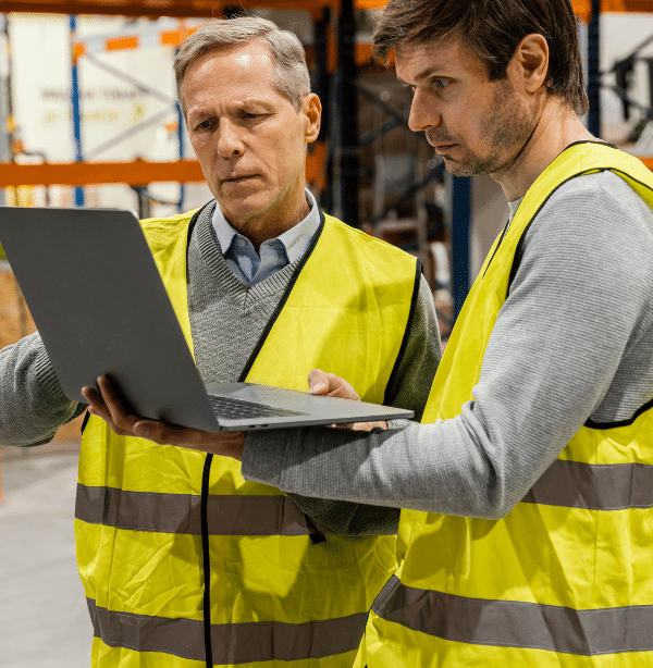 Two men in high-visibility vests inspect a laptop screen in a warehouse setting.