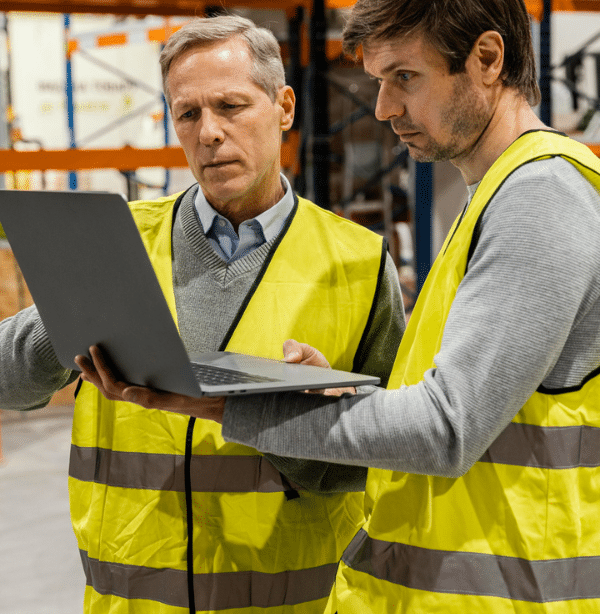 Two male workers in high-visibility vests review a laptop in a warehouse setting.